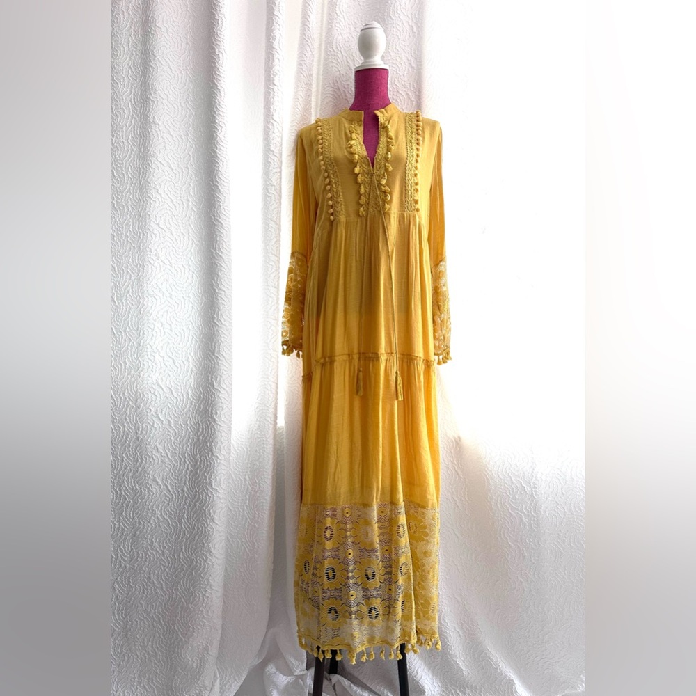 NEW Women Custom Bohemian Yellow/Gold Long Dress Long Sleeves Size XXL